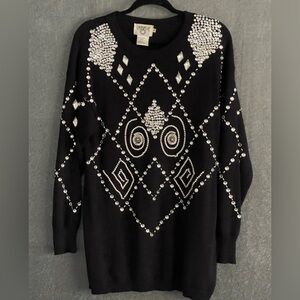 Cervelle Women VTG Pullover Blk Knit Sweater White Silver Abstract Beading Sz Sm